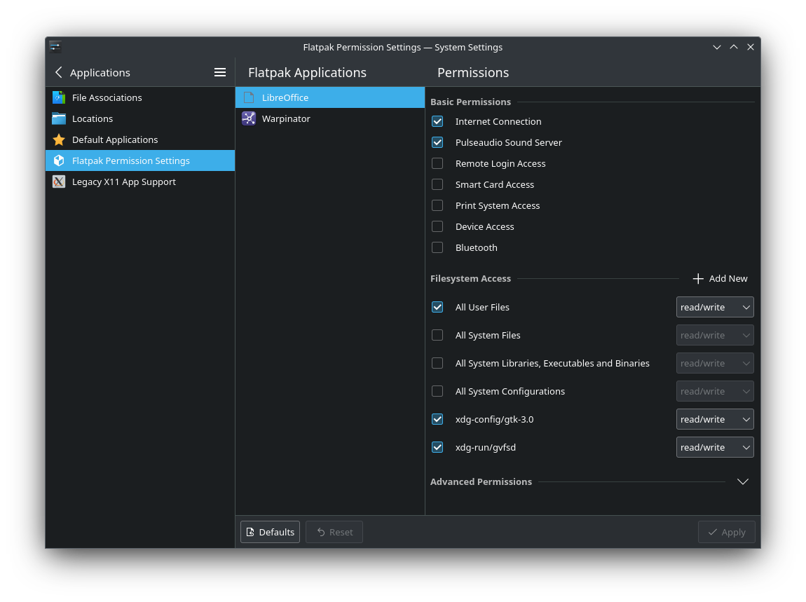 Flatpak permissions