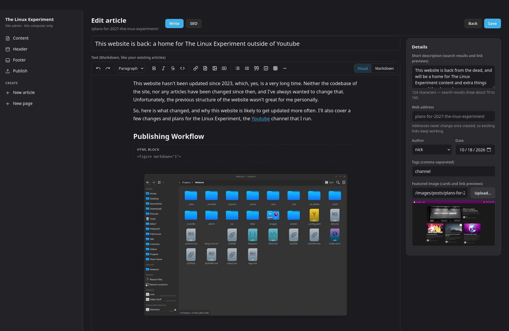 A capture of the Admin graphical user interface I use for publishing to this website