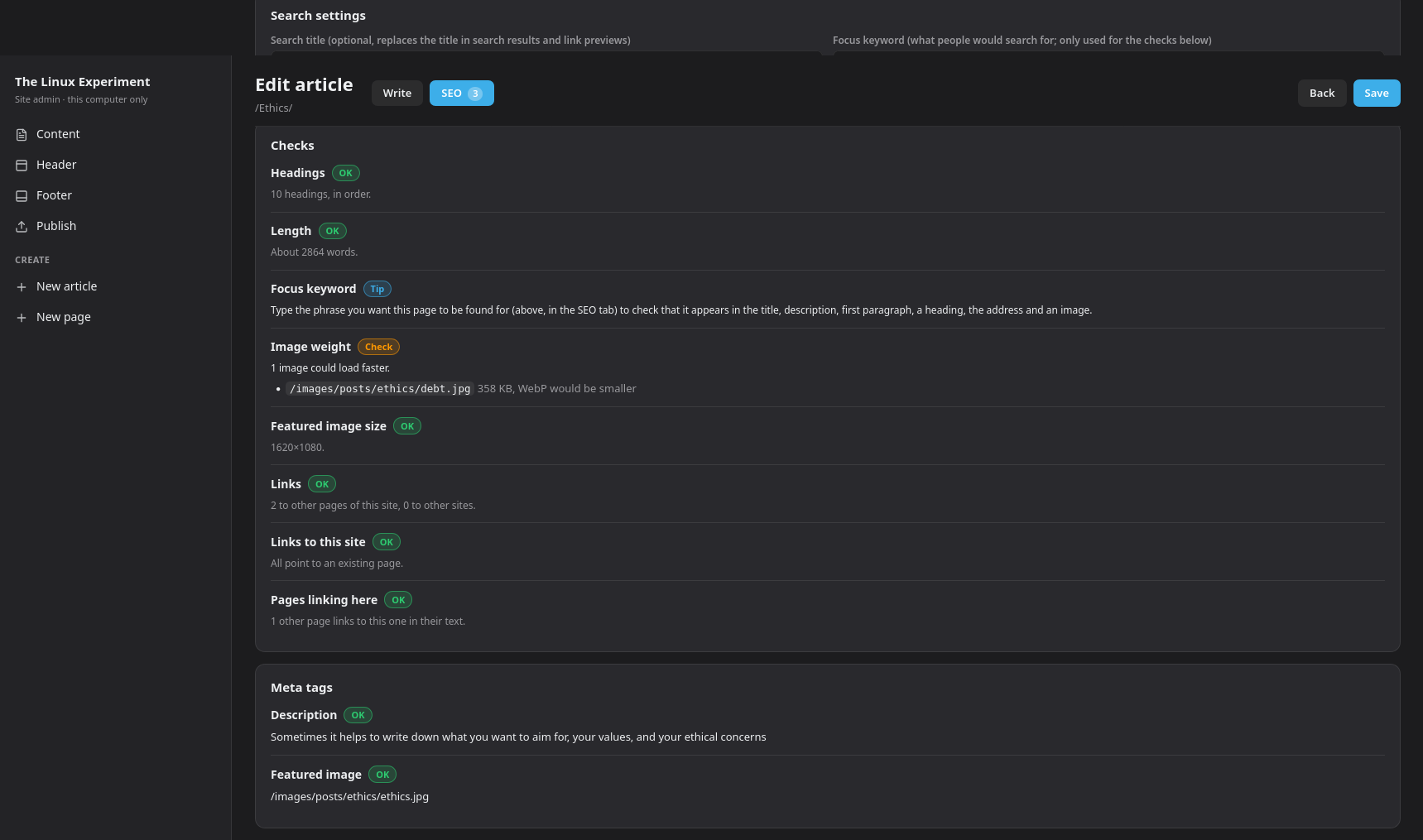 A capture of the "SEO" tab of the admin editor